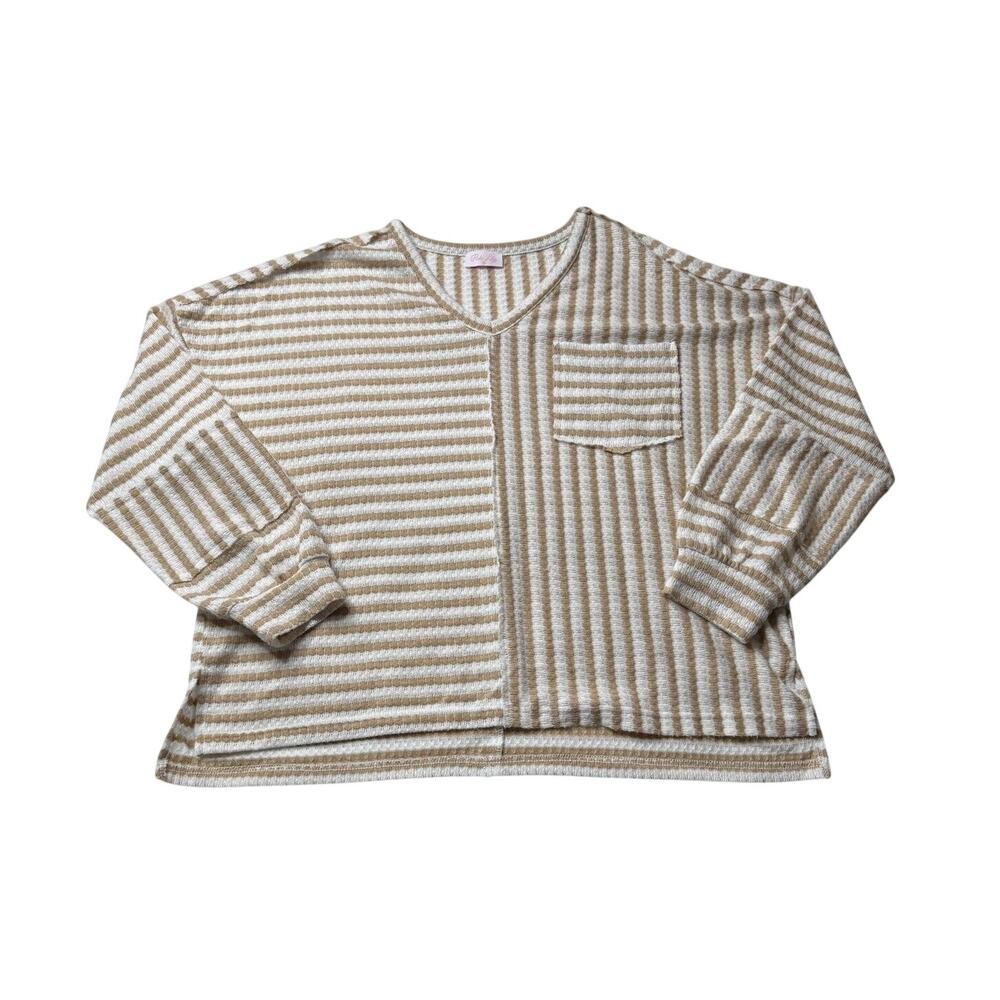 Pink Lily Oversized Striped Tan & White Knit Sweater Medium